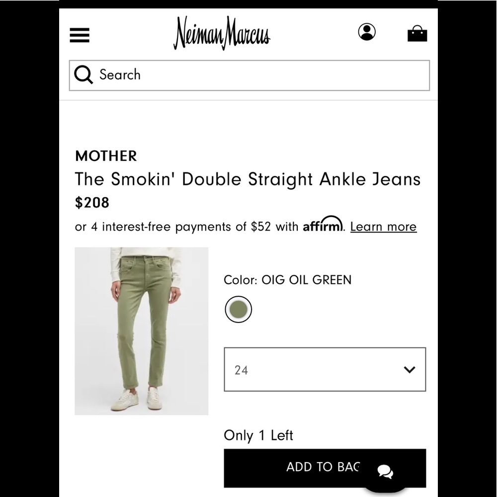 MOTHER, Smokin’ double straight ankle in “oig oil green” 26. Washed & worn 1x!